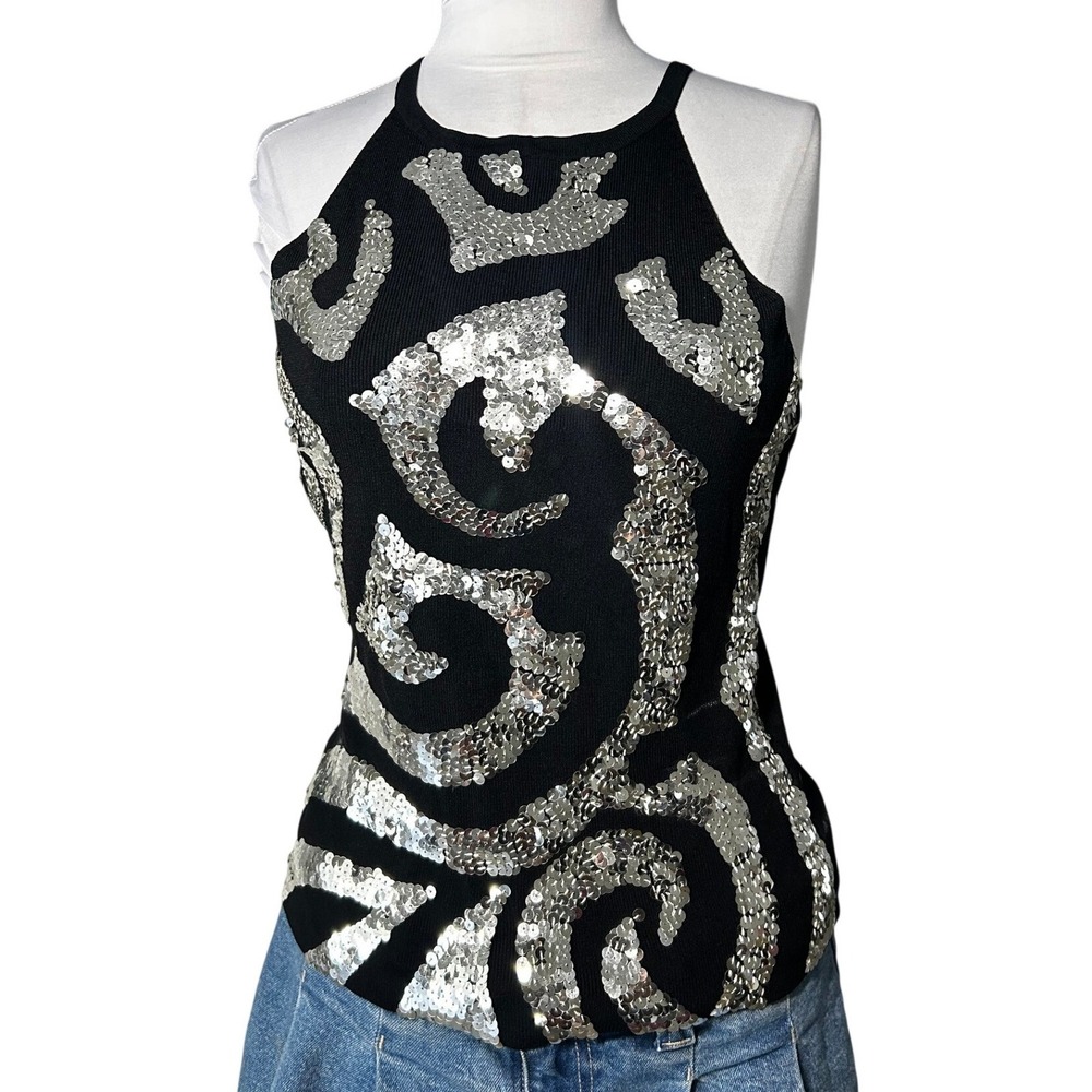 Dolce Cabo Halter Tank Top L Black Silver Sequin Scroll Swirl y2k Ribbed Knit